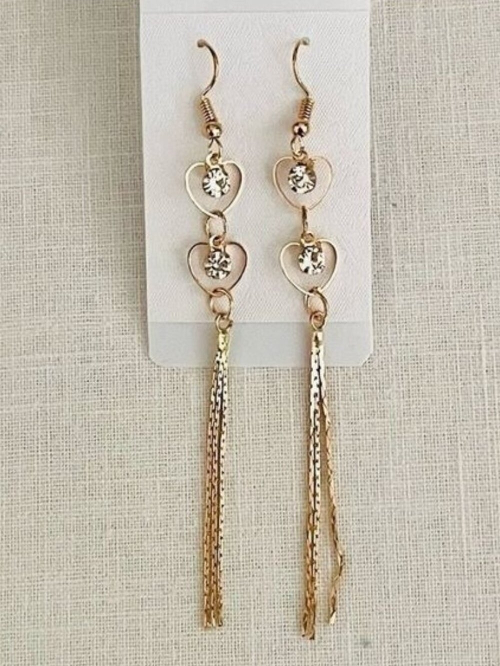 Gold Tone Double Heart Dangling Earrings With Rhinestones Nickle Free Glam Party
